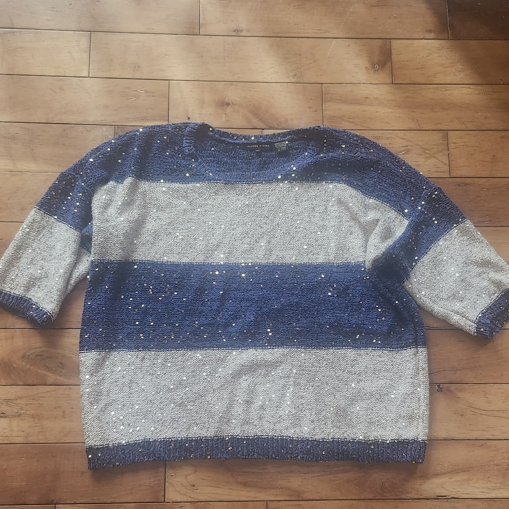 Sparkly blue and creme sweater.
